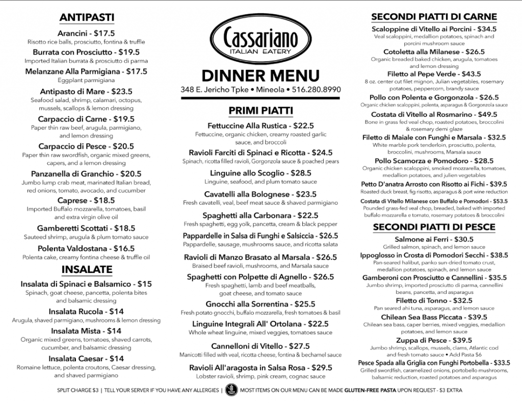 Takeout and Delivery NY Cassariano Italian Eatery